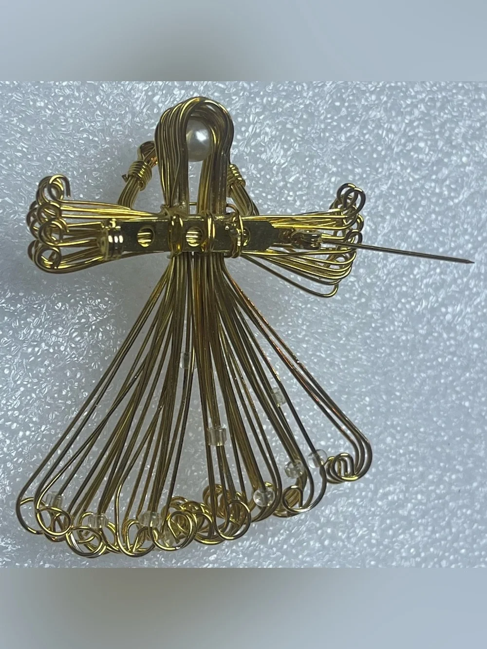 Vintage Wire Angel Brooch Pin Gold Tone Sliding Beads Pearl Christmas